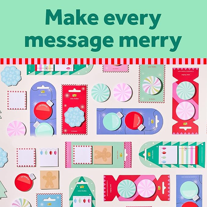 Post-it Jingle Sticky Notes & Label Sheets, Christmas Hostess Present, Assorted Sizes, 2 Holiday Themed Cute Sticky Note Pads and 3 Gift Label Sheets