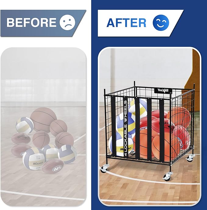 YES4ALL Rolling Ball Cart Storage with Lockable Wheels Volleyball Basketball Holder, Toy Balls Bin, Garage Cage, Storage Racks, Sports Equipment Organizer, Ball Rack for Outdoor Indoor Use