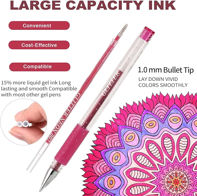 48 Pack Red Pink Gel Pens, 24 Colored Gel Pen with 24 Refills,40% More Ink Write Smooth for Adults Coloring Books Drawing Doodling Scrapbooks Bullet Journaling