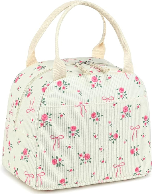 LEDAOU Lunch Box for Women Insulated Lunch Bag Corduroy Lunch Tote Bags Leakproof Cooler Lunch Case for Travel Work Picnic (Bow Floral)