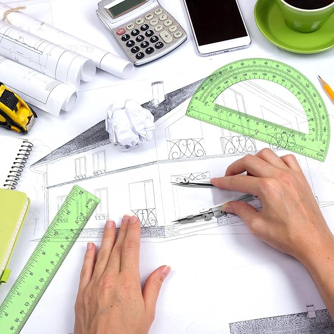 Zonon 3 Pcs Plastic Ruler 6 Inch Protractor Drawing Compass Set, Student Geometry Math Transparent Measuring Tools for Home School Classroom Office Supplies(12 Inch,Green)