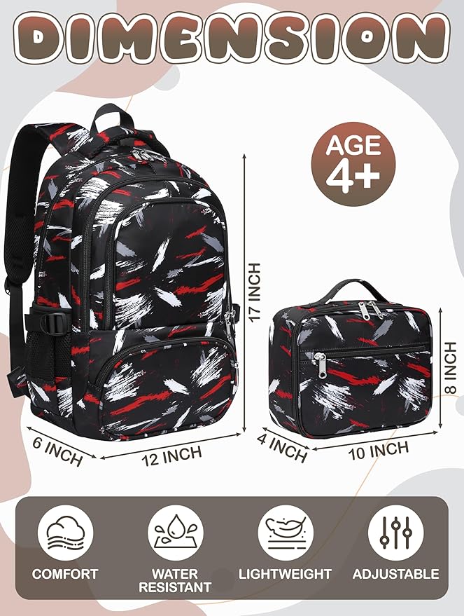 BLUEFAIRY Kids Backpack with Lunch Box for Girls Boys Elementary Primary Middle School Bag with Lunch Bag Set 17 Inch Bookbag Mochilas Escolares para Niñas Niños (Brush Dark, Dark Black)