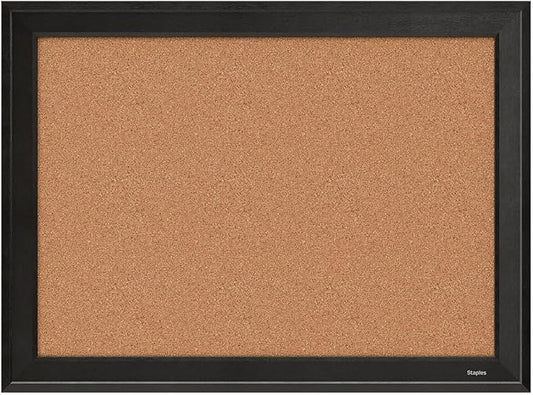 Staples Cork Bulletin Board with Black Frame, 23" x 17" Wall Mounted Bulletin Board for Home Office and School