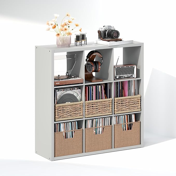 Furinno Cubicle Record Player Stand with Vinyl Storage, 9-Cube 1.2 Extra Thick Vinyl Record Storage, Open Back Media Shelf for CD DVD Blueray Game Disc, for Living Room, Home Office, Light Grey