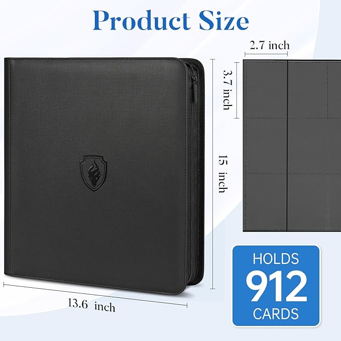 Premium Zip Card Binder 12 Pocket, Fabmaker 912 Pockets Trading Card Binder, PU Zipper Card Collection Album, Sturdy Side-Loading Card Book Holder for Game & Sports Cards, Green