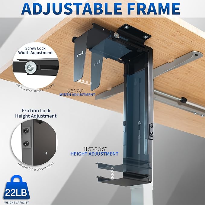 VIVO Adjustable Under Desk and Wall 3.5 to 7.8 inch Wide Office PC Mount, Computer Case CPU Machine Holder Stand with Swivel and Secure Locking, Holds 22 lbs, Black, MOUNT-PC01
