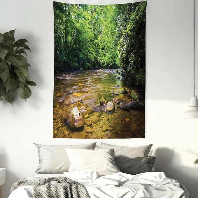 Ambesonne Appalachian Tapestry, Oconaluftee River at Smoky Mountains National Park, Wall Hanging for Bedroom Living Room Dorm Decor, 60" X 80", Lime Green Charcoal Grey