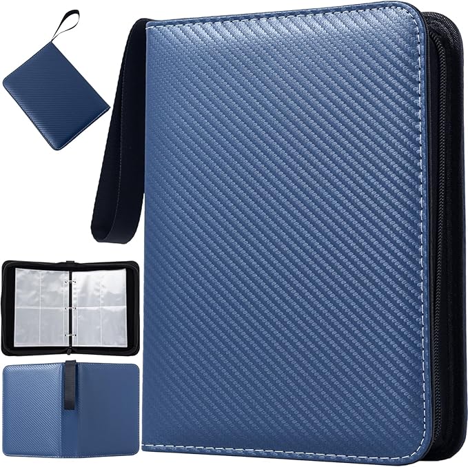 Card Binder 4 Pocket with 50 Removable Sleeves-Can Hold 400 Cards,3-Ring Zipper Sports Book is Gifts for Boys and Girls(Blue)
