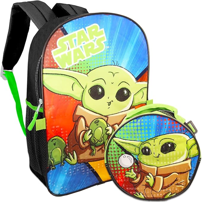 Baby Yoda Backpack and Lunch Box Set for Kids - Bundle with 16" Baby Yoda Backpack, Star Wars Lunch Bag, Stickers, Water Bottle, More | Mandalorian Backpack for Boys