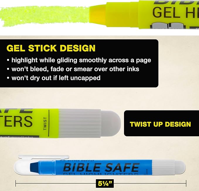 U.S. Office Supply Gel Highlighters, 6 Pack, Neon Fluorescent Colors - Bible Safe, No Bleed, Fade or Smear