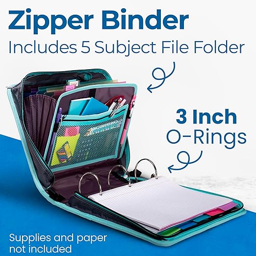 Case-it Mighty Zip Tab School Zipper Binder | 3-Inch O-Rings, 600-Sheet Capacity, 5-Subject Expanding File Folder, Multiple Pockets & Storage Organizer, Shoulder Strap | D-146 Aqua Iridescent Pastel