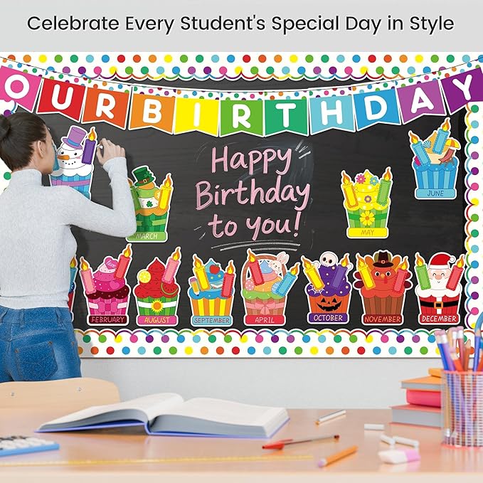 Aneco Happy Birthday Bulletin Board Decorations Cupcake Cutouts Border Trim Birthday Calendar Poster Party Supplies for School Home Wall Decor Supplies