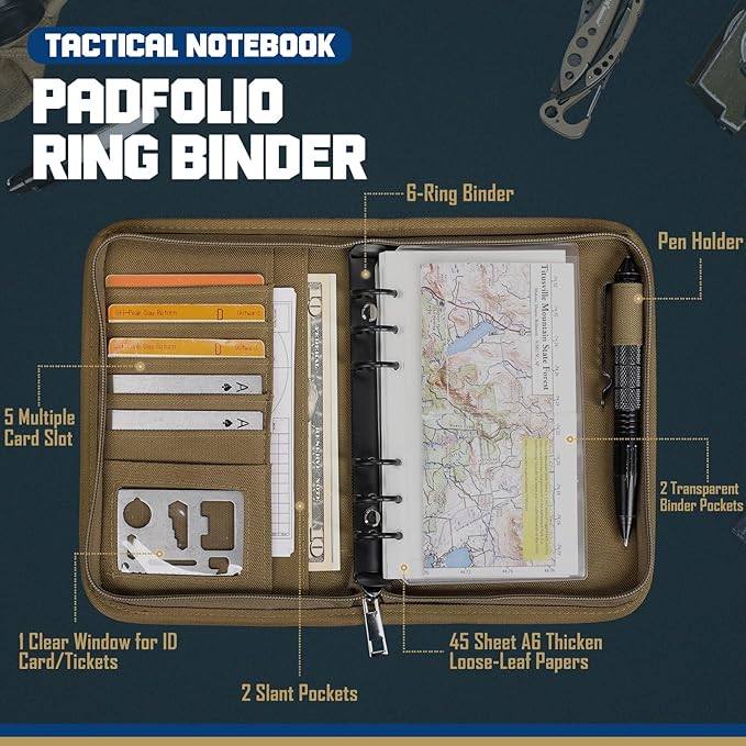 WYNEX Tactical Notebook Padfolio Ring Binder - Refillable 6-Ring A6 Binder, Zip Hardcover Notebook with 45 Pages, Water-Resistant Notebook Cover for Planners, College, Office, Field, Gift