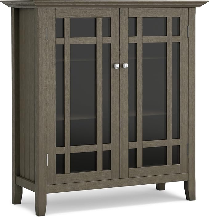 SIMPLIHOME Bedford Storage Cabinet - 39 inch Wide Solid Wood Medium Cabinet in Farmhouse Grey, Transitional Console for Living Room, Entryway, or Dining Room with Glass Doors and Adjustable Shelves