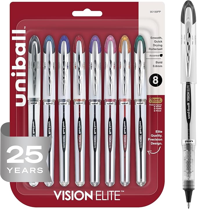 uni-ball® Vision™ Elite™ Liquid Ink Rollerball Pens, Bold Point, 0.8 mm, Black Barrel, Assorted Ink Colors, Pack Of 8