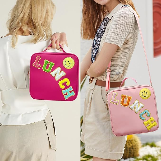 Insulated Lunch Bag Women Lunch Box Kids for Teen Girls Boys, Cute Preppy Lunch Boxes With Adjustable Shoulder Strap, Waterproof Nylon Lunchbox Lunch Bags for School Work Picnic (Light Pink)