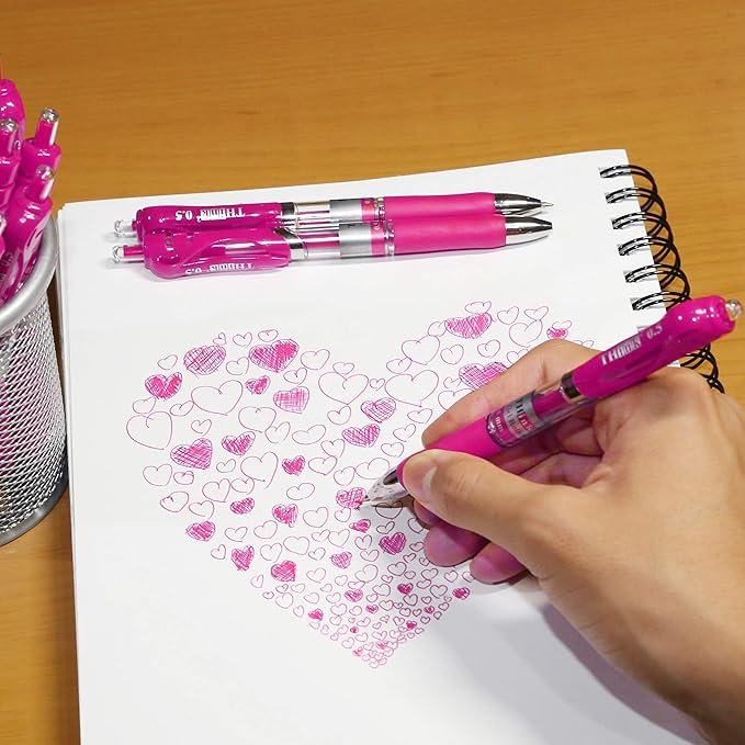 [24 Pens - Pink Ink] Think2 Retractable Gel Pens. (24 Pink) Fine Point (0.5mm) Rollerball Pens with Comfort Grip.