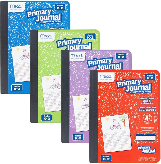 Mead Primary Journal,Half Page Ruled,Grades K-2,7 1/2" x 9-3/4",Color Will Vary (10297),100 Sheets (Pack of 12)