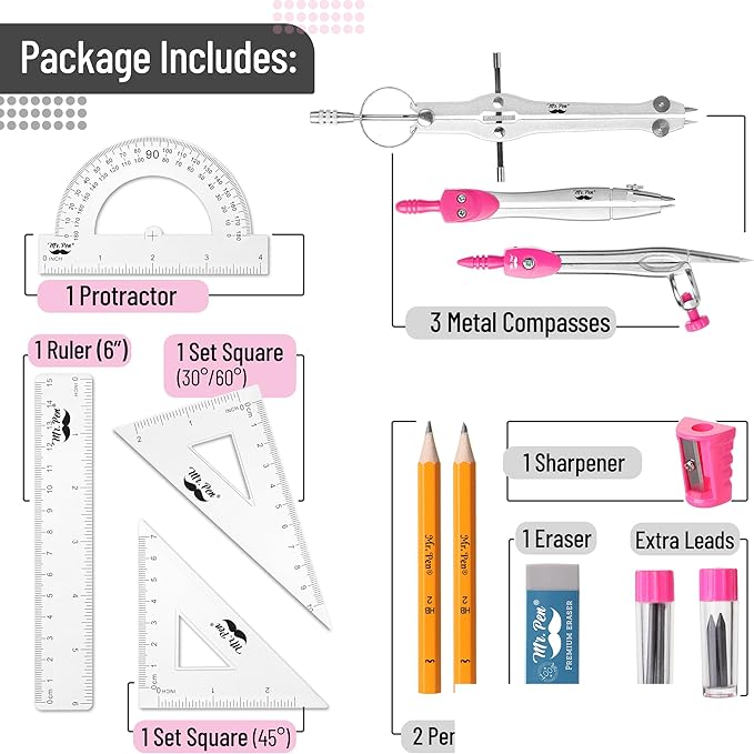 Mr. Pen- Geometry Set, 13 pcs, Compass for Geometry, Protractor Set, Geometry Kit Set with Shatterproof Storage Box, Geometry Kit, Drawing Tools, Drafting Set