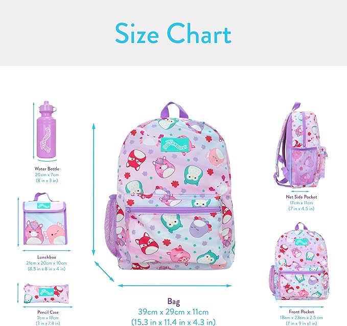 Squishmallows School Bag 4 Piece Set | Kids Backpack And Lunch Bag Set With Pencil Case And Water Bottle | Children's Backpacks | Official Merchandise, NDSM85636