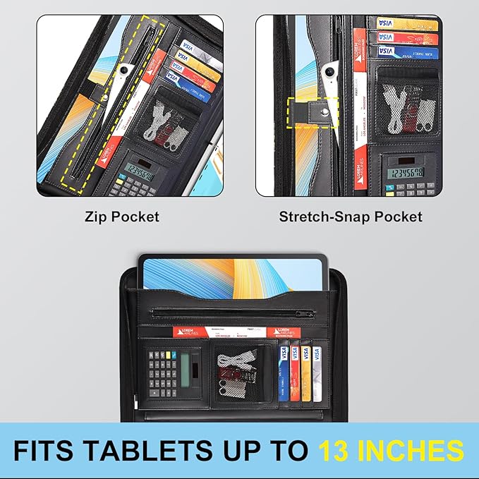 Eshow Portfolio Organizer - 3 Ring Binder with Zipper, Vegan Leather Business Padfolio Folder with Notepad Includes 5 Color Sheet Protectors for Documents Files for Men Women
