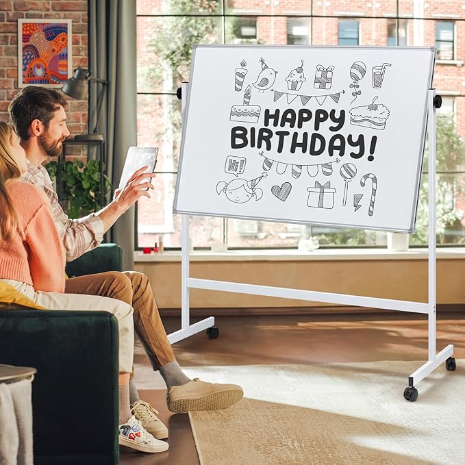 DUMOS Rolling Whiteboard Double Sided 46 x 32 Inches, Magnetic White Board Dry Erase on Wheels, Dry Erase Board with Stand for School, Office and Home, Silver Aluminium Frame, White