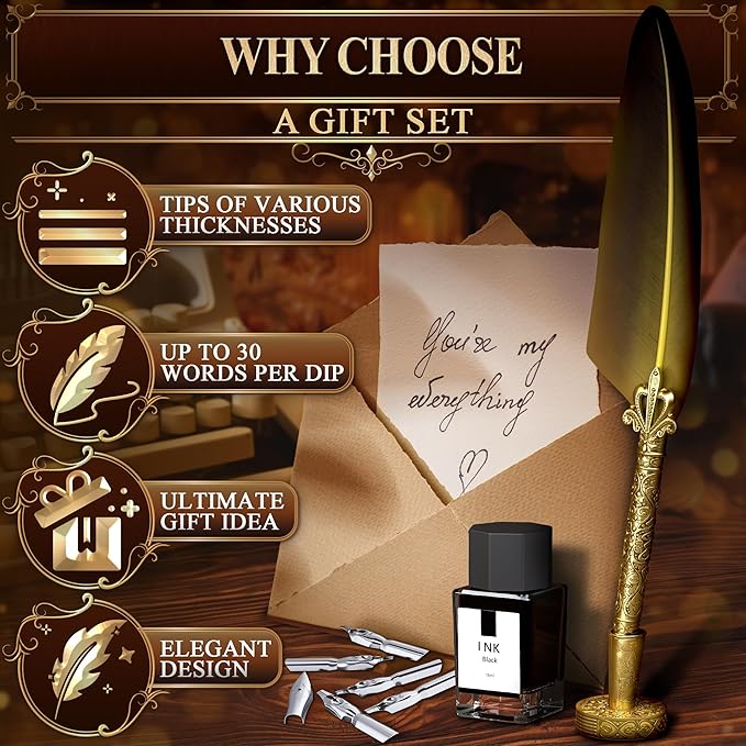 Antique Feather Quill Pen and Ink Set – Stand & Gift Box, Golden Writing Quill and Ink Set with 5 Nibs, Patterned Anti-Slip Grip – Stainless Steel Dip Pen for Signing & Writing | Calligraphy Gift