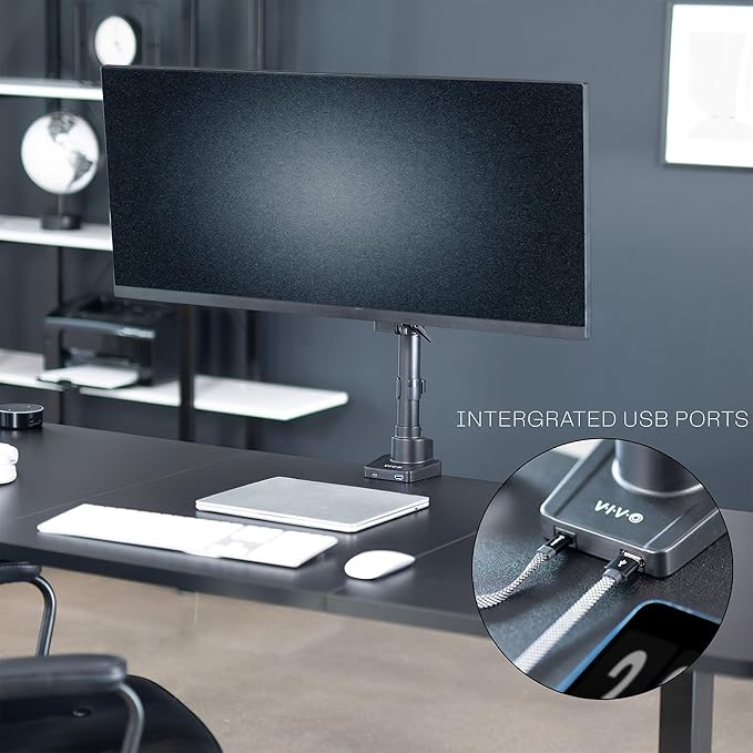 VIVO Premium Aluminum Full Motion Single Monitor Desk Mount Stand with Lift Engine Arm, Pole Extension, and USB Ports, Fits Screens up to 40 inches, STAND-V101BDU