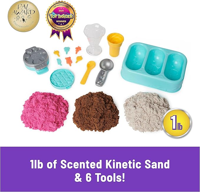 Kinetic Sand Scents, Ice Cream Treats Playset, Easter Basket Stuffers, Includes 3 Scented Colors of Moldable Play Sand & 6 Tools, Sensory Toys for Kids