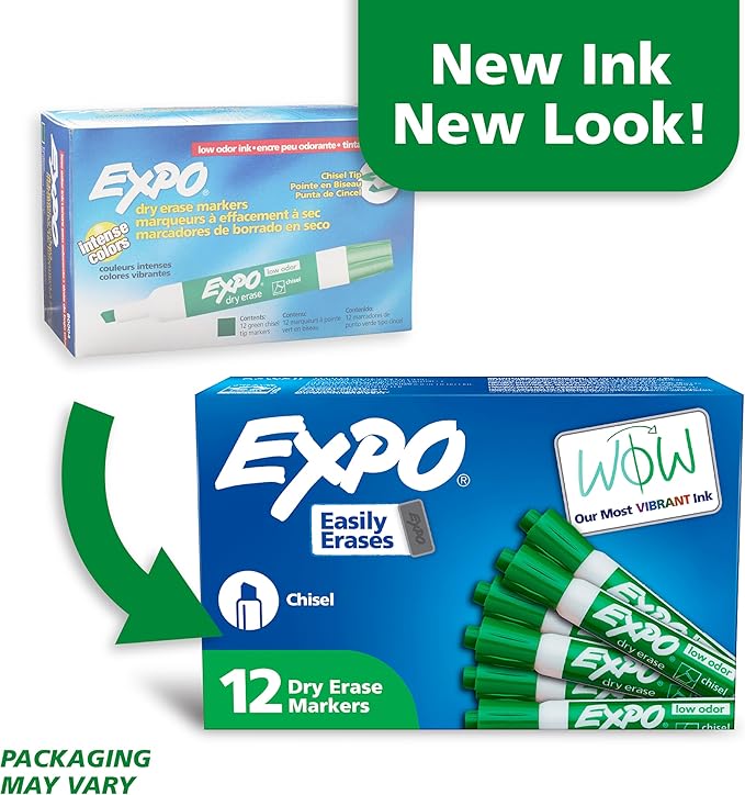EXPO Low Odor Dry Erase Markers Chisel Tip Green 12 Count
