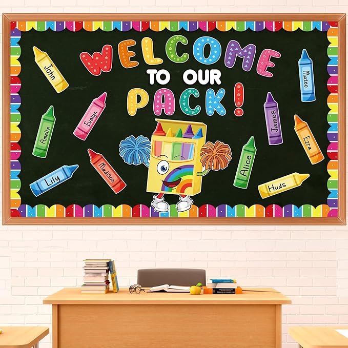 Pasimy Crayon Bulletin Board Decorations Set Welcome to Our Pack Classroom Decor Colorful Crayon Name Tags Cutouts Art Bulletin Board Border for Back to School Summer Office Home Wall Door Supplies