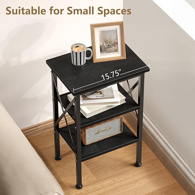 VECELO End Table Set of 2, Bedside Table, 24" Tall Living Room End Tables, X-Design Reinforced Nightstands, Side Table with 3-Tier Storage Shelves for Small Spaces, Office, Bedroom, Classic Black