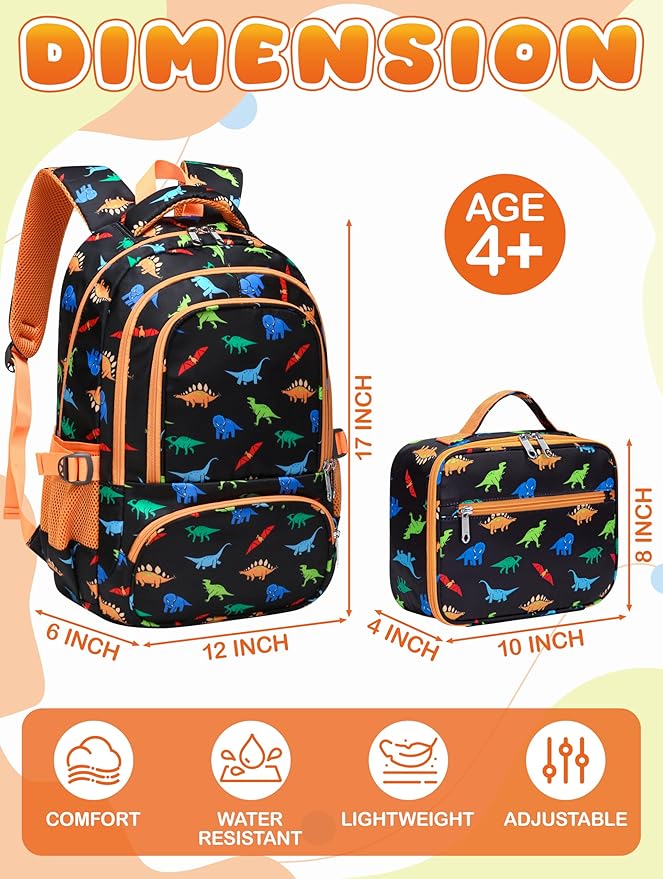 BLUEFAIRY Kids Backpack with Lunch Box for Girls Boys Elementary Primary Middle School Bag with Lunch Bag Set 17 Inch Bookbag Mochilas Escolares para Niñas Niños (Dinosaur, Orange)