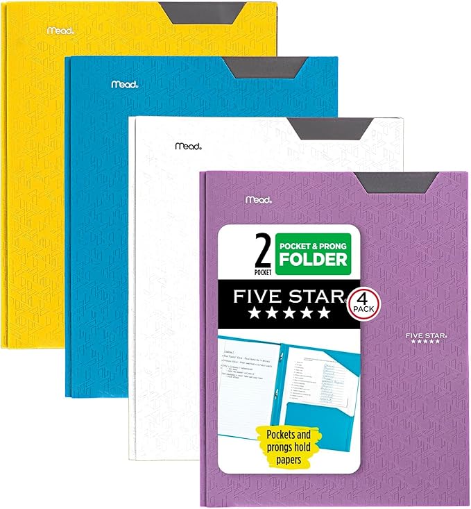 Five Star 2-Pocket Folder, 4 Pack, Plastic Folder with Stay-Put Tabs and Prong Fasteners, Holds 8-1/2" x 11" Paper, Tidewater Blue, White, Amethyst Purple, Harvest Yellow (38064)