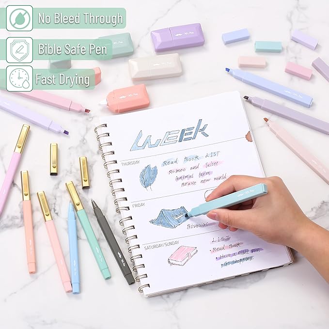 Mr. Pen- Aesthetic Highlighters and Pens, 17 Pack, Aesthetic Correction Tapes, Cute Highlighters Assorted Colors, Black Ink Bible Pens 1.0mm