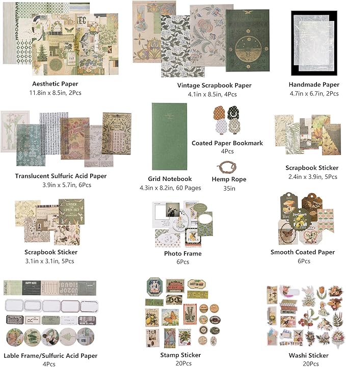 JOYCHOIC Vintage Junk Journal Supplies Aesthetic Journaling Kit, Scrapbook Papers Stickers Large Collection for Bullet Scrapbooking Materials, Planner DIY Arts Craft Collage, Adults
