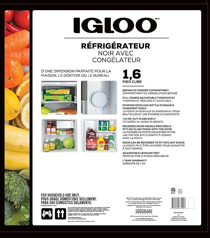 Igloo 1.6 Cu.Ft. Compact Refrigerator - Adjustable Thermostat, Glass Shelves, Includes Scraper, Ice Cube Freezer Drip Tray - Black