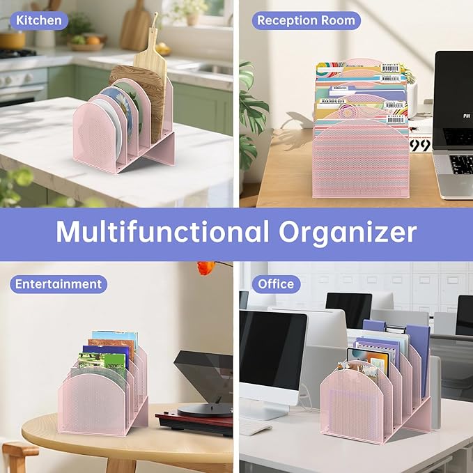 5-Section Desk File Organizer, Vertical File Organizer for Desk, Mesh Mail Holder for Letter Size Folders, Pink