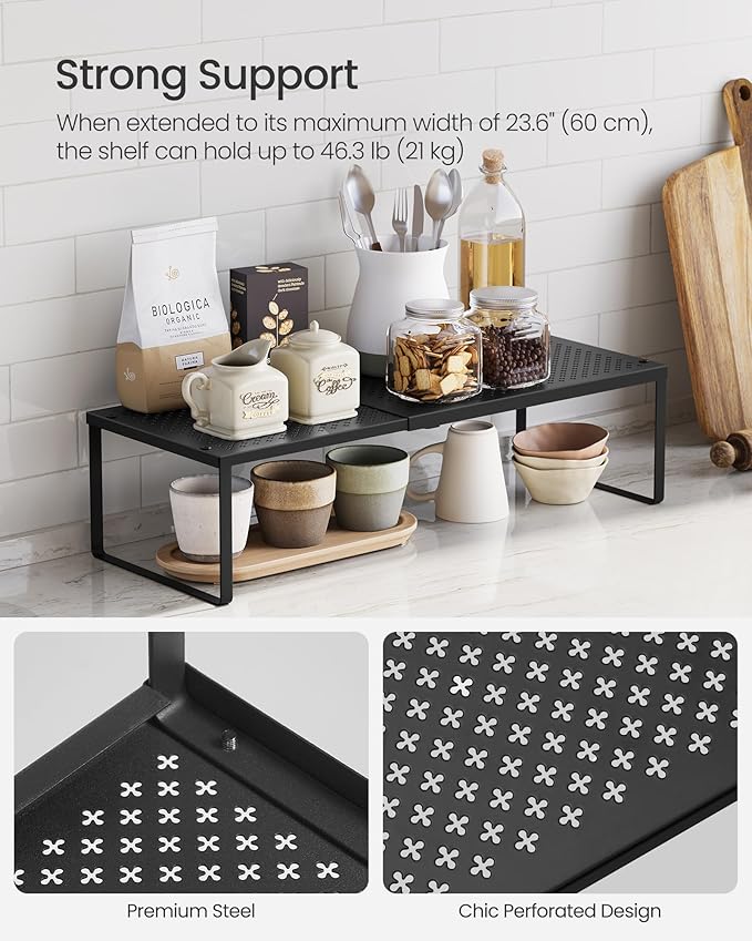 SONGMICS Spice Racks, Set of 2 Expandable Kitchen Countertop Shelves, Small Cupboard Organizers, Metal, Space-Saving Tabletop Shelves, Matte Black UKCS402B01