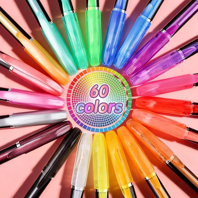 60 Colors Gel Pens Gel Pen Set for Adult Coloring, Metallic Glitter Pens & Gel Ink Pens for Journaling, Drawing, Cute Journal Pens Colored Gel Pens for Black Paper Writing