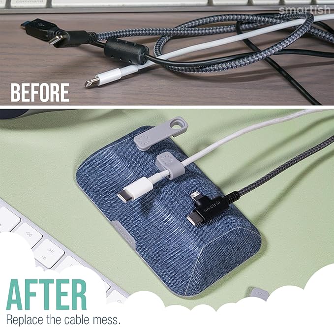 Smartish® Magnetic Cord Holder - Bigger Cable Wrangler Organizer with Magnet Clips for Charger Management on Desktop, Nightstand - Holds 6+ Cables - Blue Jeanie