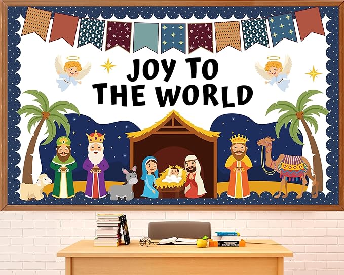 Christmas Nativity Scene Bulletin Board Set Christian Jesus Birth Classroom Decoration Joy to The World Bulletin Board Religious Paper Cutouts for Sunday School Classroom Church Chalkboard Wall Decor