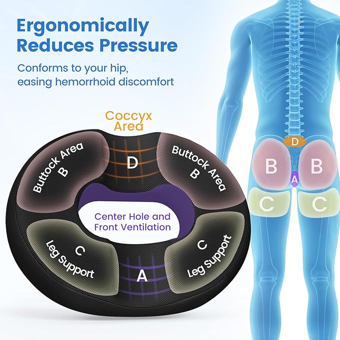 Donut Pillow for Tailbone Pain, Hemorrhoids - Cooling Gel Memory Foam Chair Seat Cushion for Office, Home & Wheelchair, Ergonomic Chair Pad for Pregnancy, Sciatica, Coccyx (XL, Black)