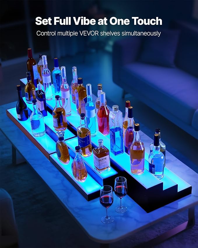 VEVOR LED Lighted Liquor Bottle Display, 1 Tier 60 Inches Whiskey Rack, Supports USB, Illuminated Home Bar Shelf with RF Remote & App Control, 7 Static Colors, Acrylic Lighted Shelf for 15 Bottles
