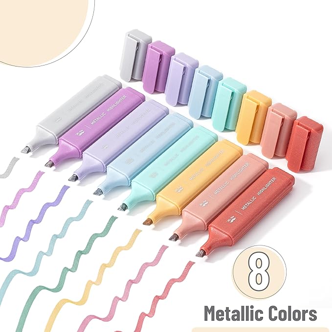 Mr. Pen- Glitter Highlighters, 8Pack, Metallic Colors, Chisel Tip Aesthetic Highlighters, Cute Markers