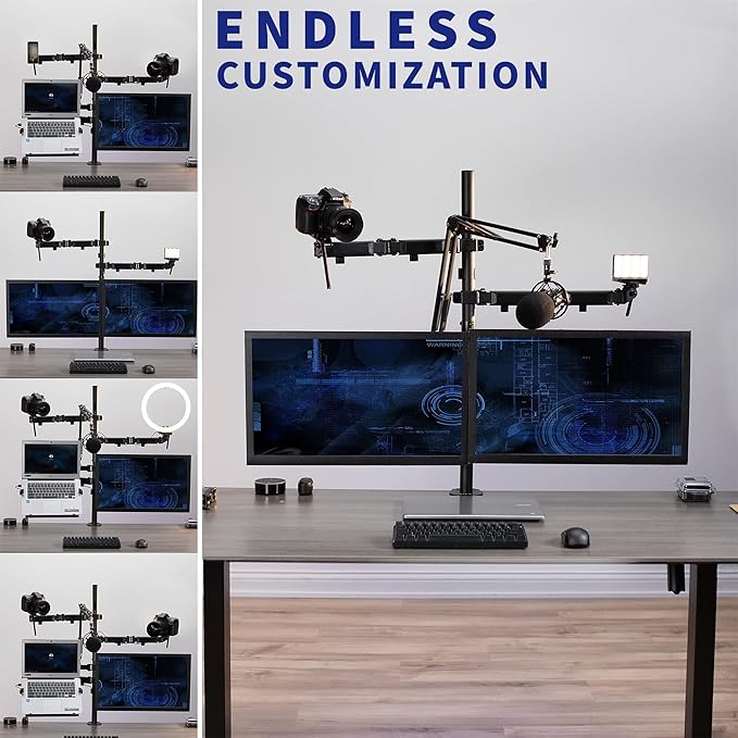 VIVO All-in-One Computer Studio Desk Mount, Mic Boom, Dual Monitor Mount up to 32 inches, Laptop Stand, Livestream Arms Compatible with Cameras, Lighting, Phone/Tablet Adapters, STAND-LIVE2L