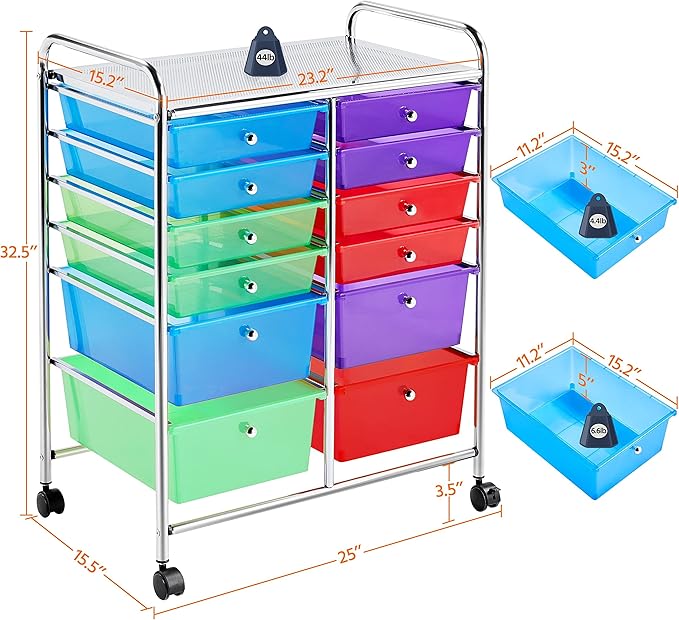 Yaheetech 12 Drawers Rolling Storage Cart Multipurpose Movable Organizer Cart Tools Scrapbook Paper Organizer on Wheels, Multicolor