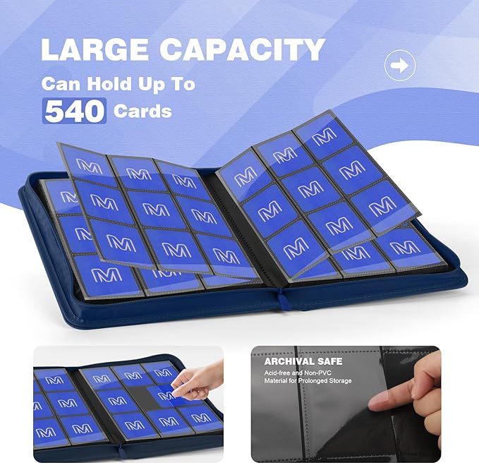 Trading Card Binder with 9 Side Loading Pocket Card Album Hold Up to 540 Cards PU Card Collection Binder, Collectible Albums Card Folder for MTG, TCG, Sports Cards（9-Dark Blue）