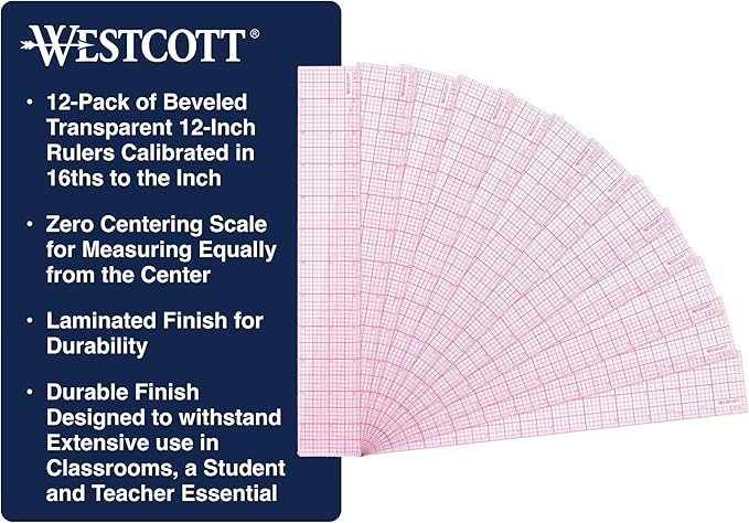 Westcott 8ths Graph Transparent Beveled Edge Ruler, Zero Centering Scale, Durable Laminated Finish,12-Inch, Measuring Tool for School, Office, Drafting, Sewing, Engineering, School Supplies, 12 Pack
