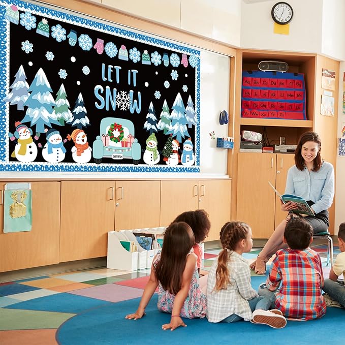 Winter Bulletin Board Decorations Set Christmas Tree Snowmen Cutouts with Bulletin Border Snowflake Winter Classroom Decorations Chalkboard Window Wall Door Decor for Home Office School 61PCS